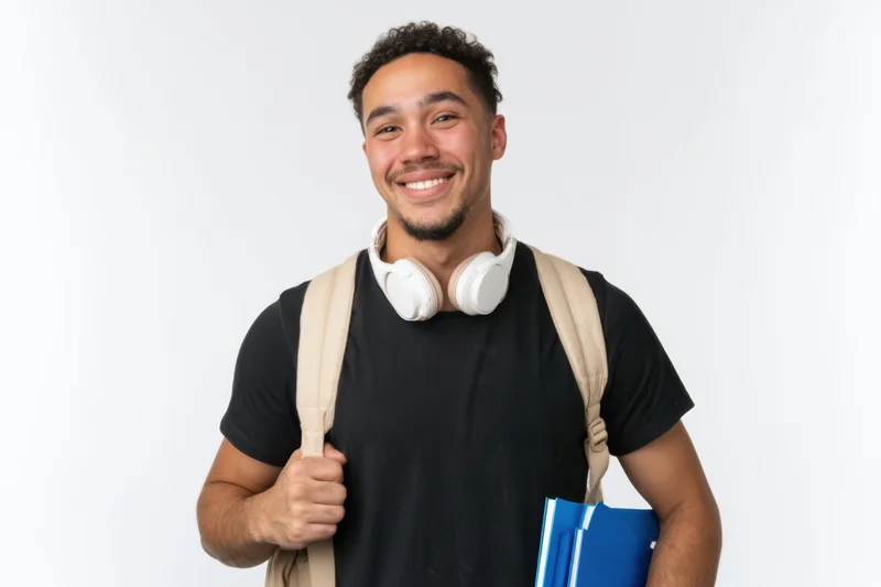 Young man smiling with backpack and headphones holding books against white background