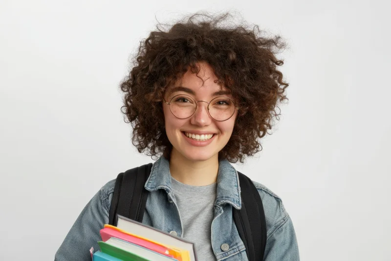 Cheerful student with curly hair and glasses holding books, wearing denim jacket and backpack, smiling at camera against white background
