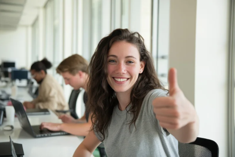 Woman smiling and giving thumbs up at office desk with colleagues working on laptops in background