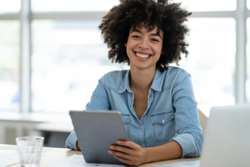 Cheerful woman with natural afro smiling while using tablet at office desk