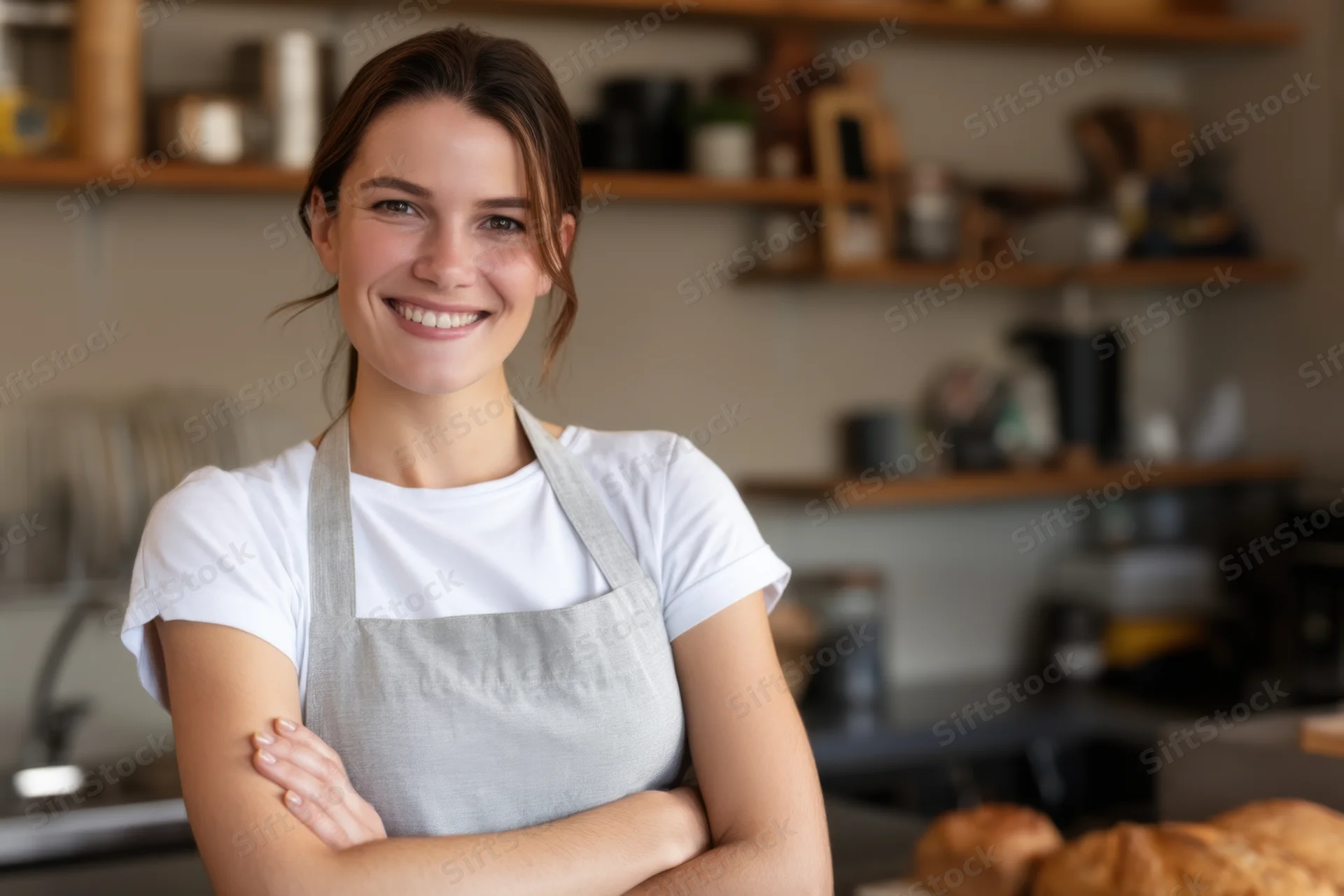 Smiling woman in gray apron with arms crossed in bakery kitchen