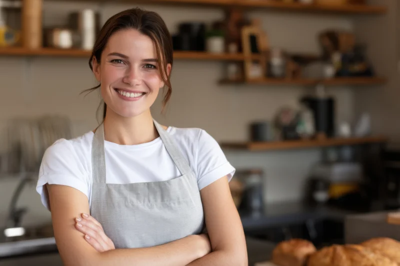 Smiling woman in gray apron with arms crossed in bakery kitchen