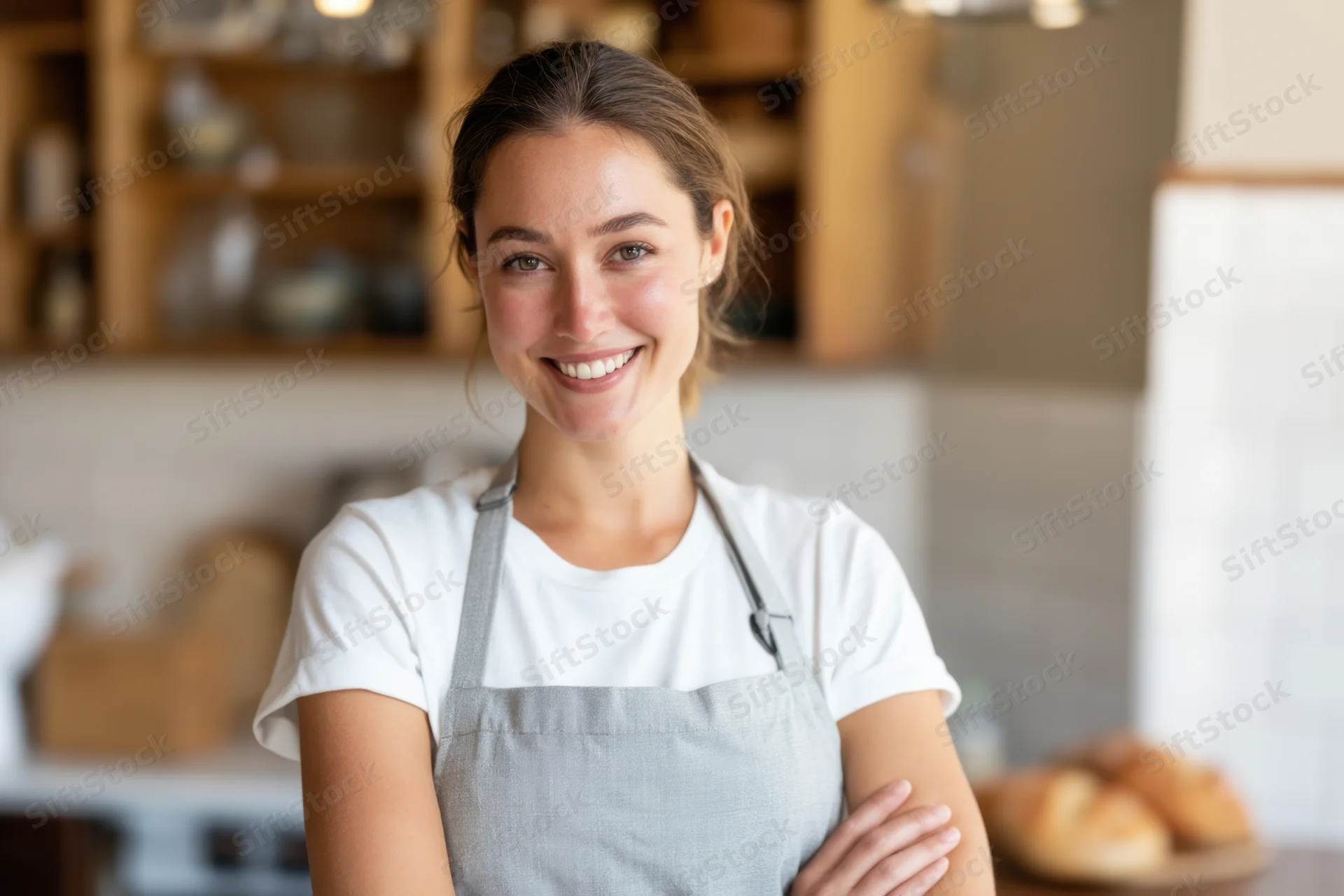 Smiling woman in gray apron standing in bakery kitchen with arms crossed