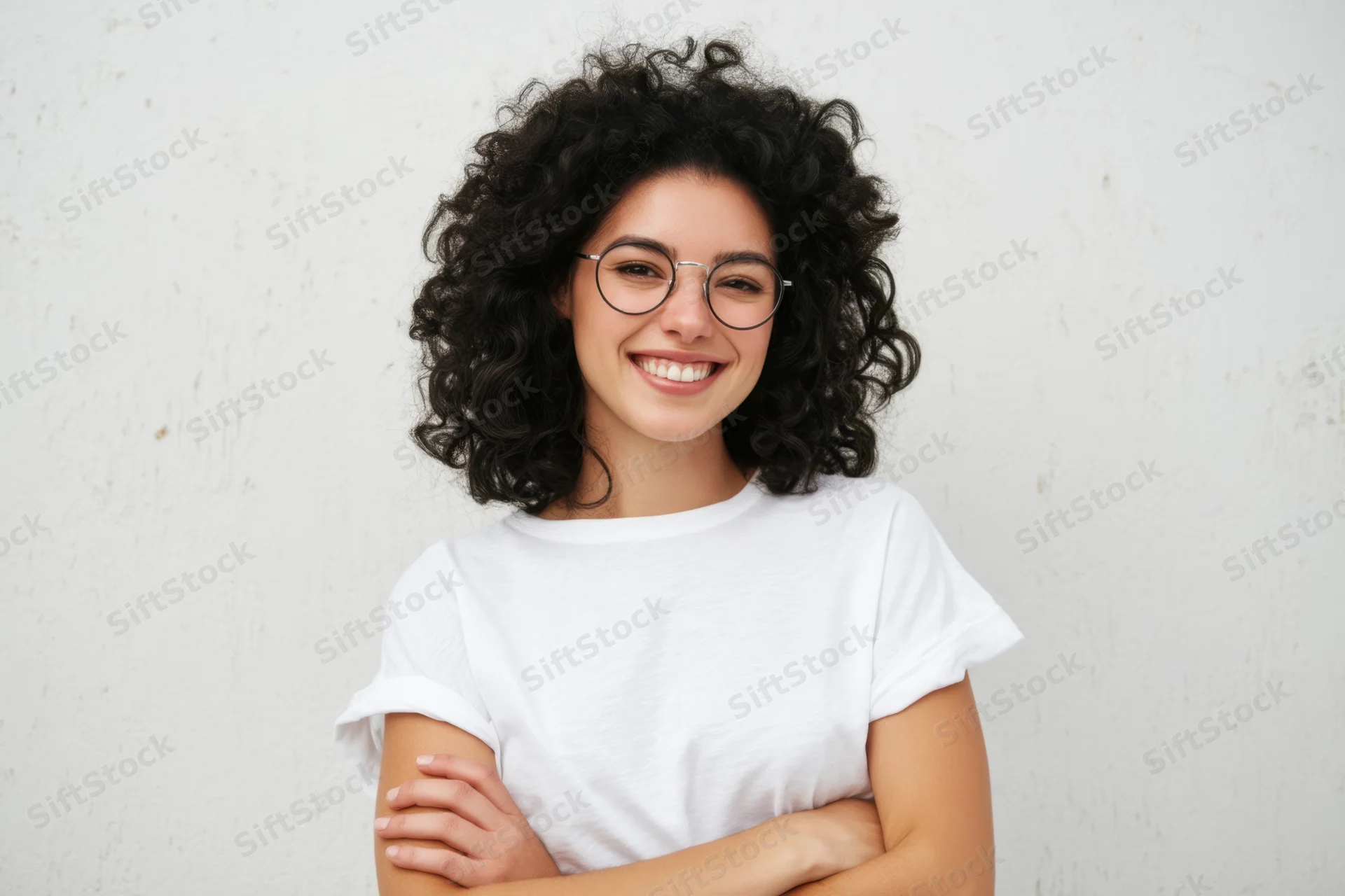 Cheerful woman with curly black hair and round glasses smiling with arms crossed against a plain white textured wall