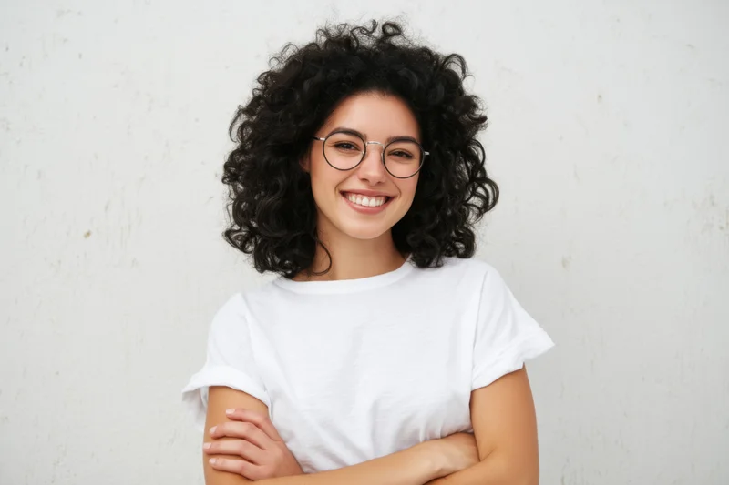 Cheerful woman with curly black hair and round glasses smiling with arms crossed against a plain white textured wall