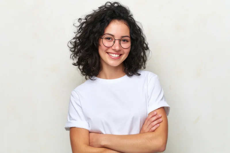 Cheerful woman with curly black hair and round glasses smiling with arms crossed against light background