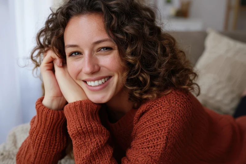 Woman smiling with curly brown hair, resting her head on hands, wearing rust knit sweater on couch in living room