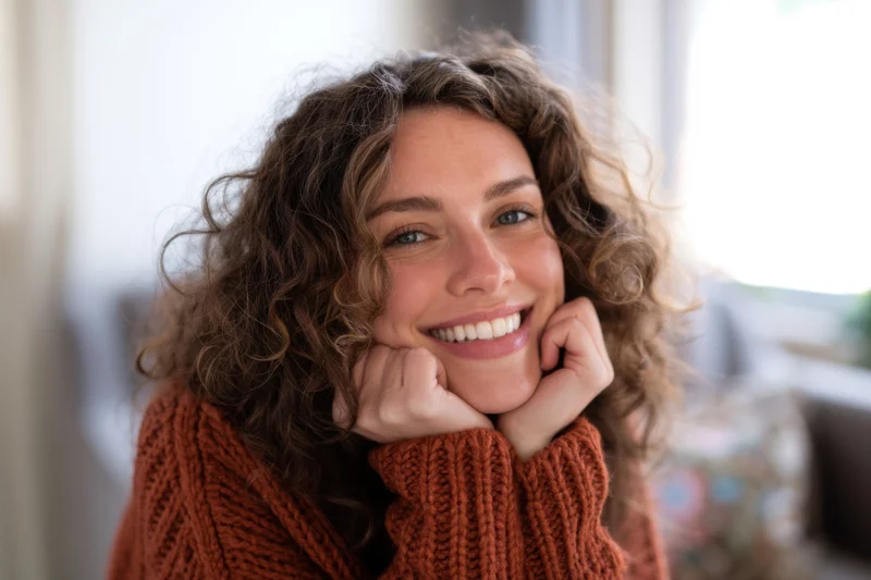 Woman smiling with hands under chin wearing rust knit sweater indoors