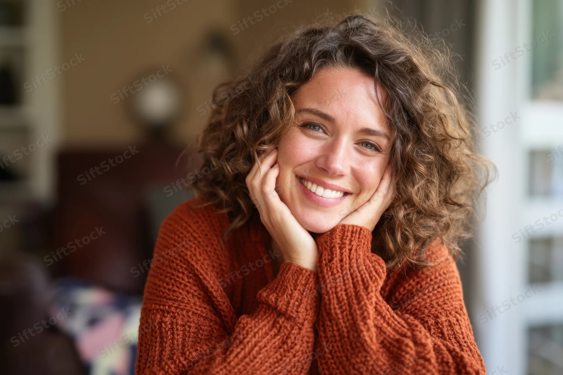 Woman smiling with hands on cheeks wearing rust knit sweater indoors