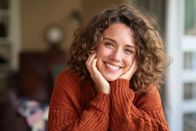Woman smiling with hands on cheeks wearing rust knit sweater indoors