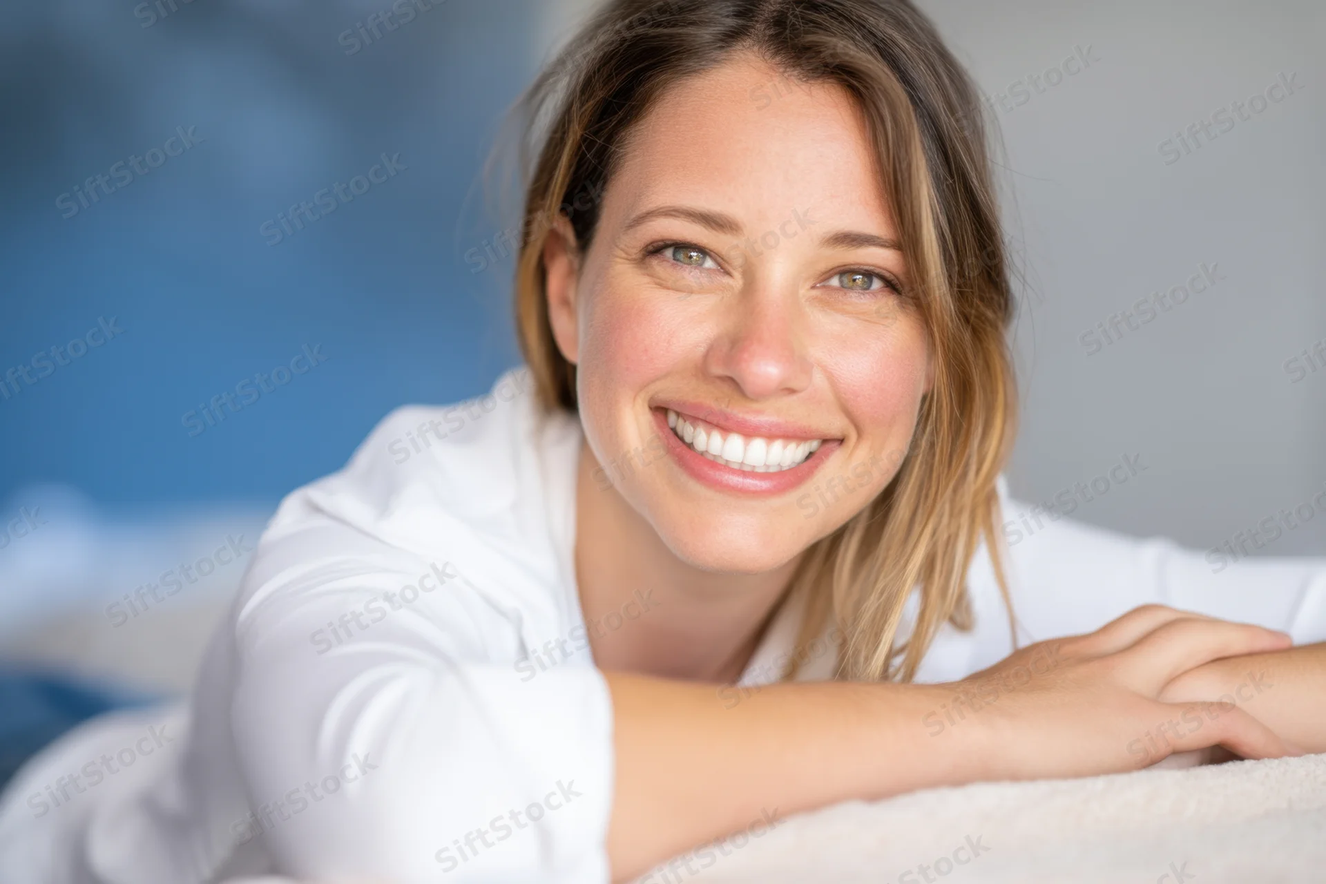 Woman smiling while leaning on soft surface indoors