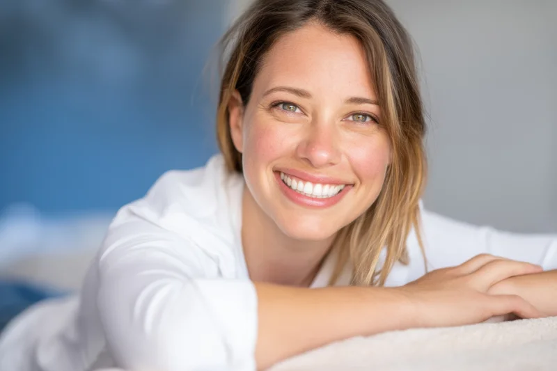 Woman smiling while leaning on soft surface indoors