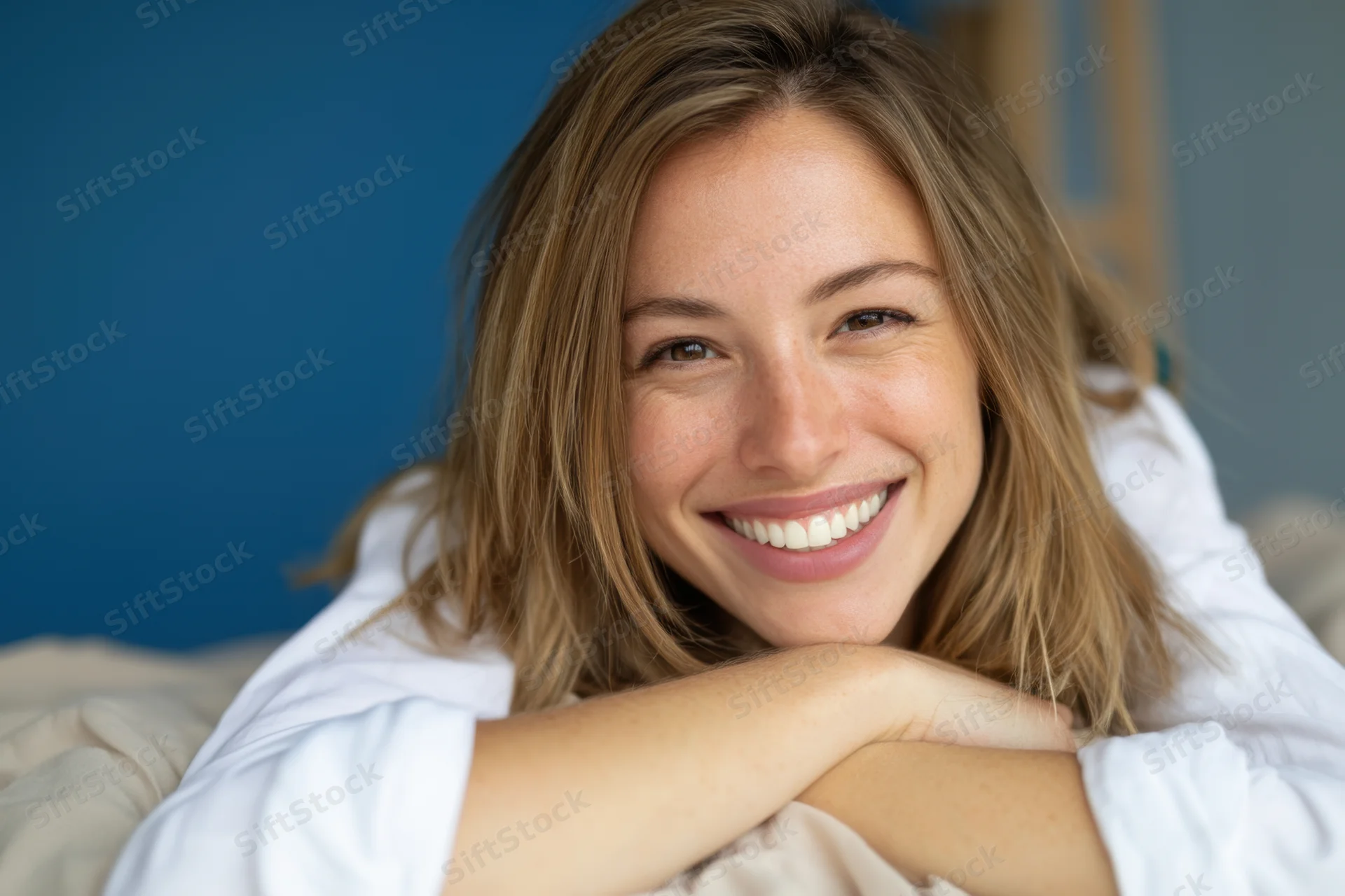 Woman smiling with arms crossed resting on soft bedding in bedroom