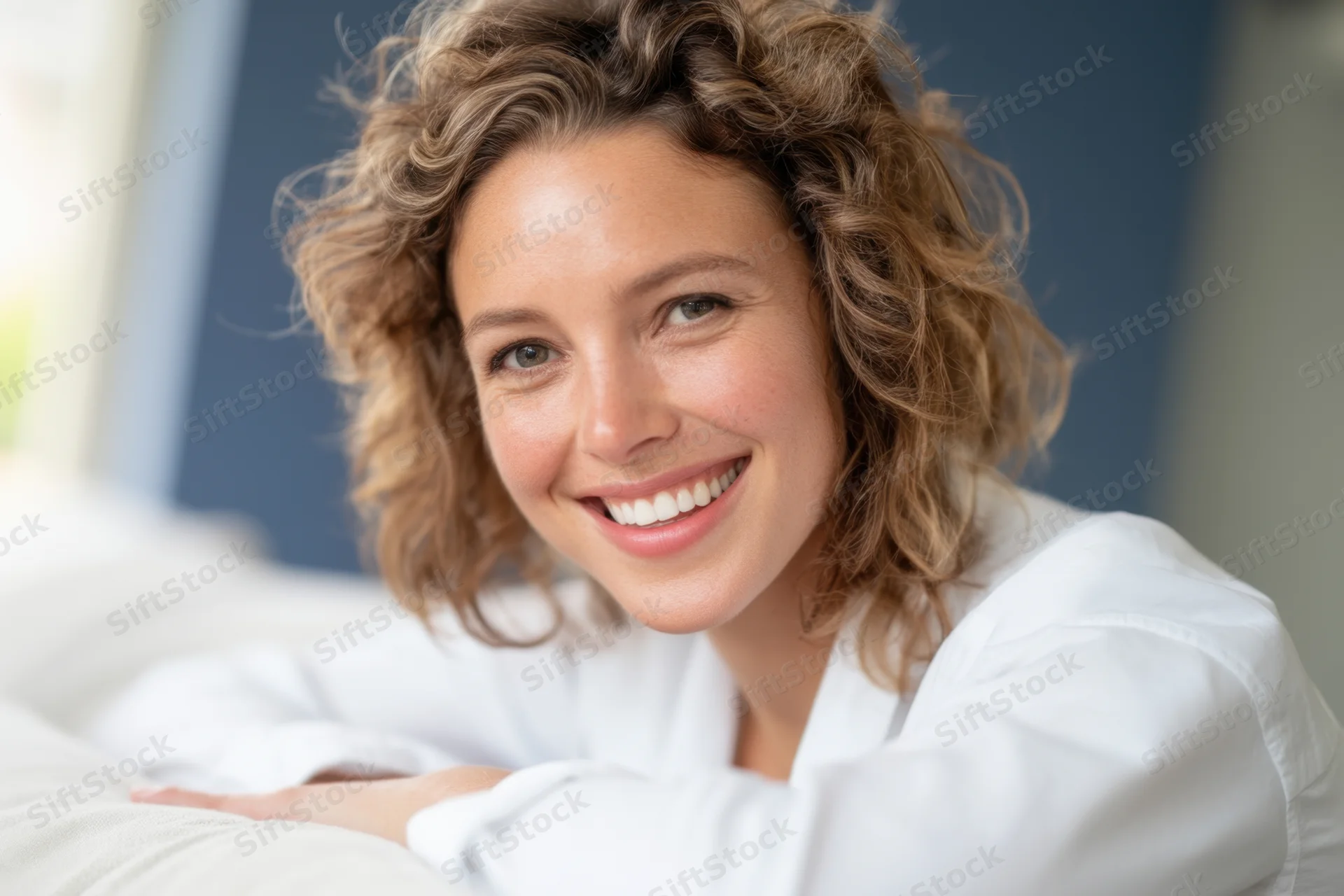 Woman smiling while leaning on soft surface indoors