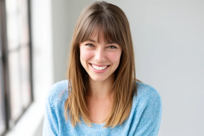 Smiling woman with light brown hair and bangs wearing a blue sweater indoors near a window