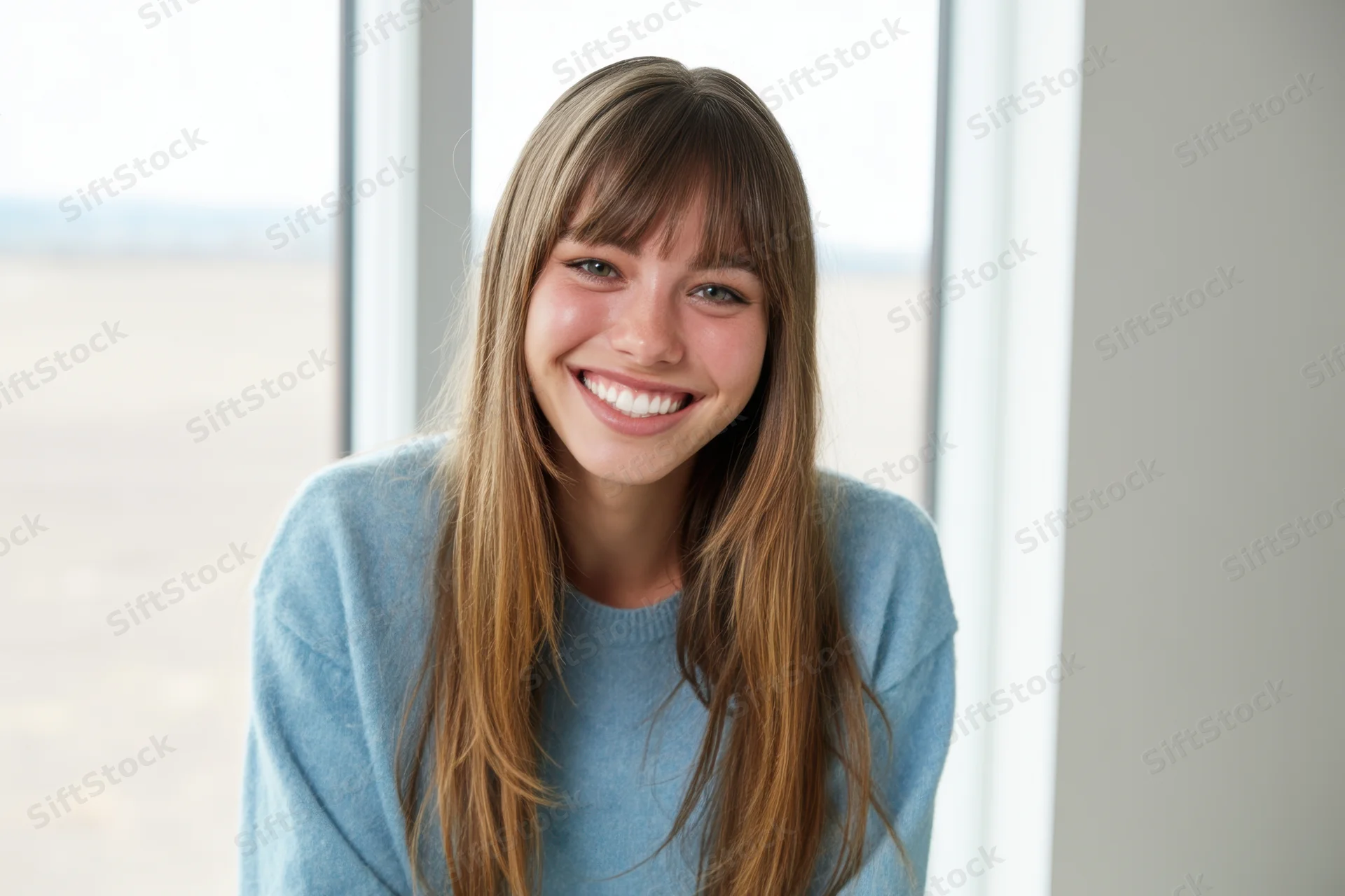 Young woman smiling at camera in front of window wearing blue sweater