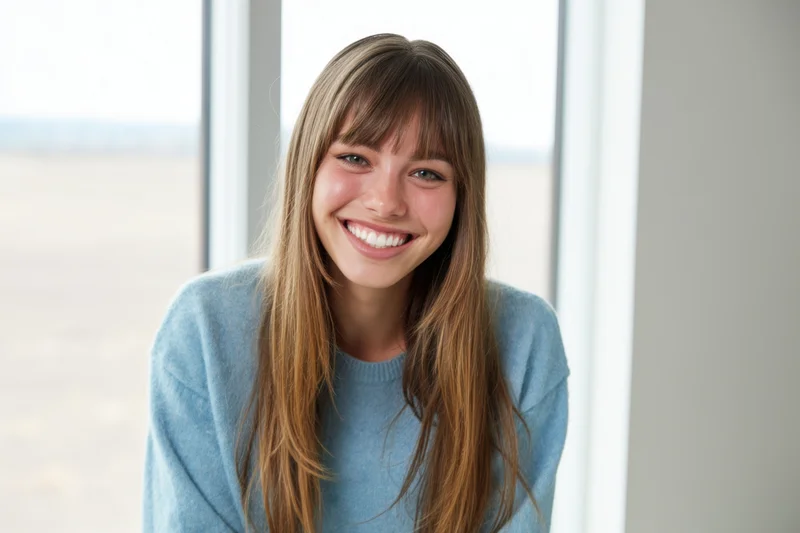 Young woman smiling at camera in front of window wearing blue sweater
