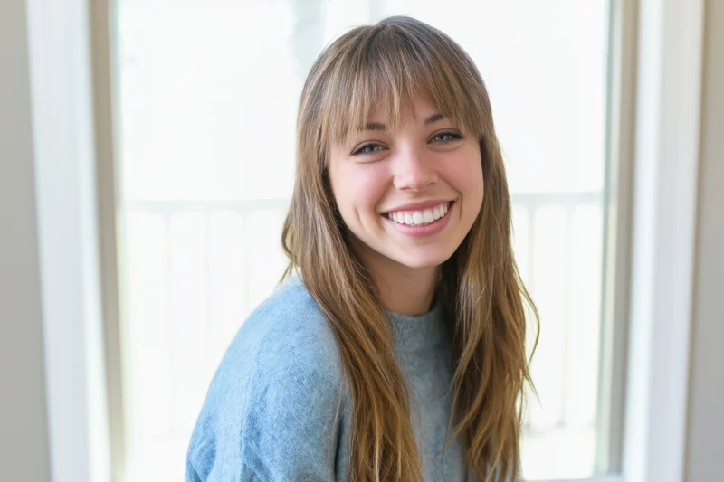Smiling woman with long light brown hair and bangs wearing a blue sweater indoors near a window