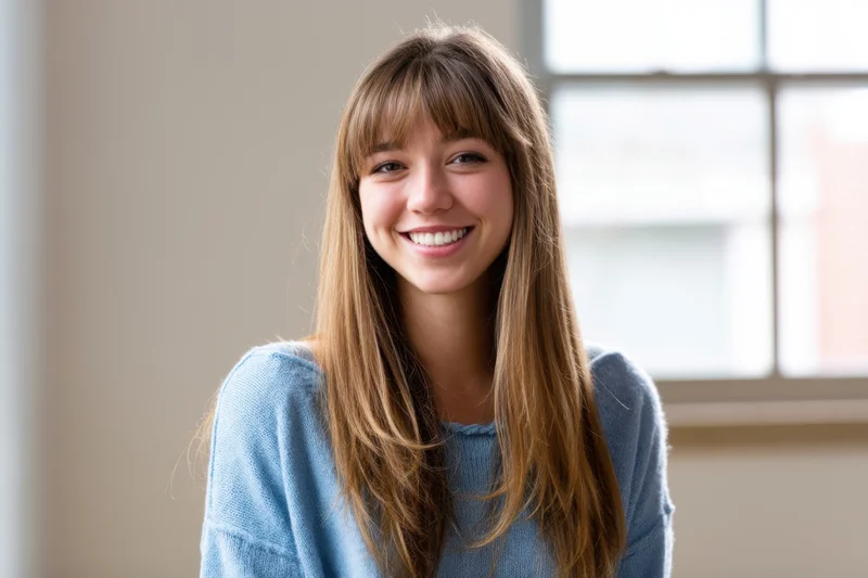 Young woman smiling at camera in a blue sweater indoors near a window