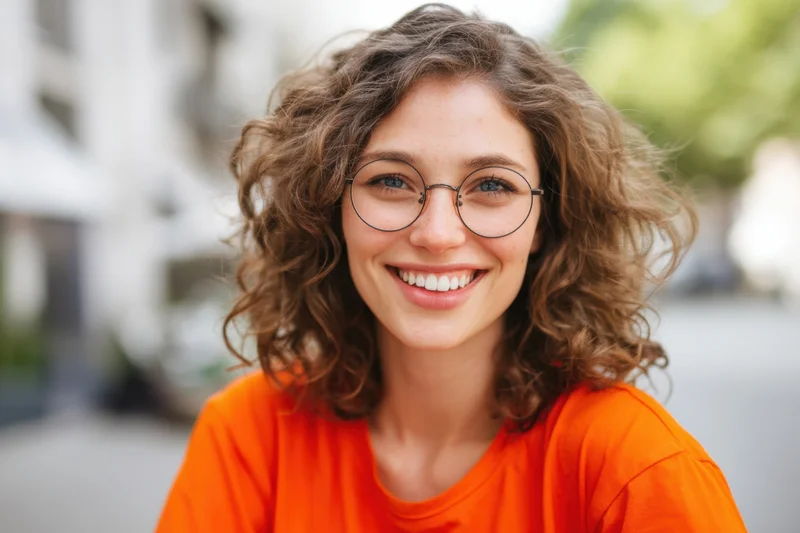Smiling woman with round glasses and orange shirt outdoors