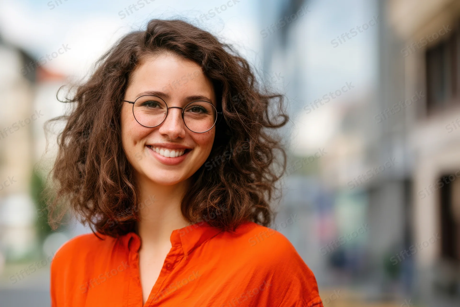 Young woman with curly brown hair and round glasses smiling in an orange shirt on a city street