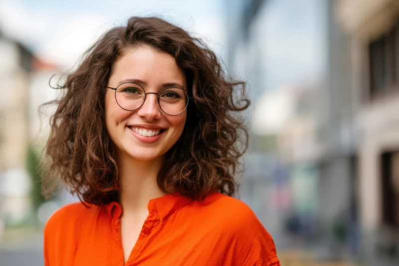 Young woman with curly brown hair and round glasses smiling in an orange shirt on a city street