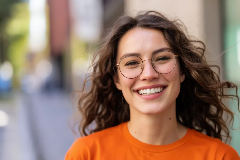 Young woman smiling with round glasses and orange shirt outdoors on a city street