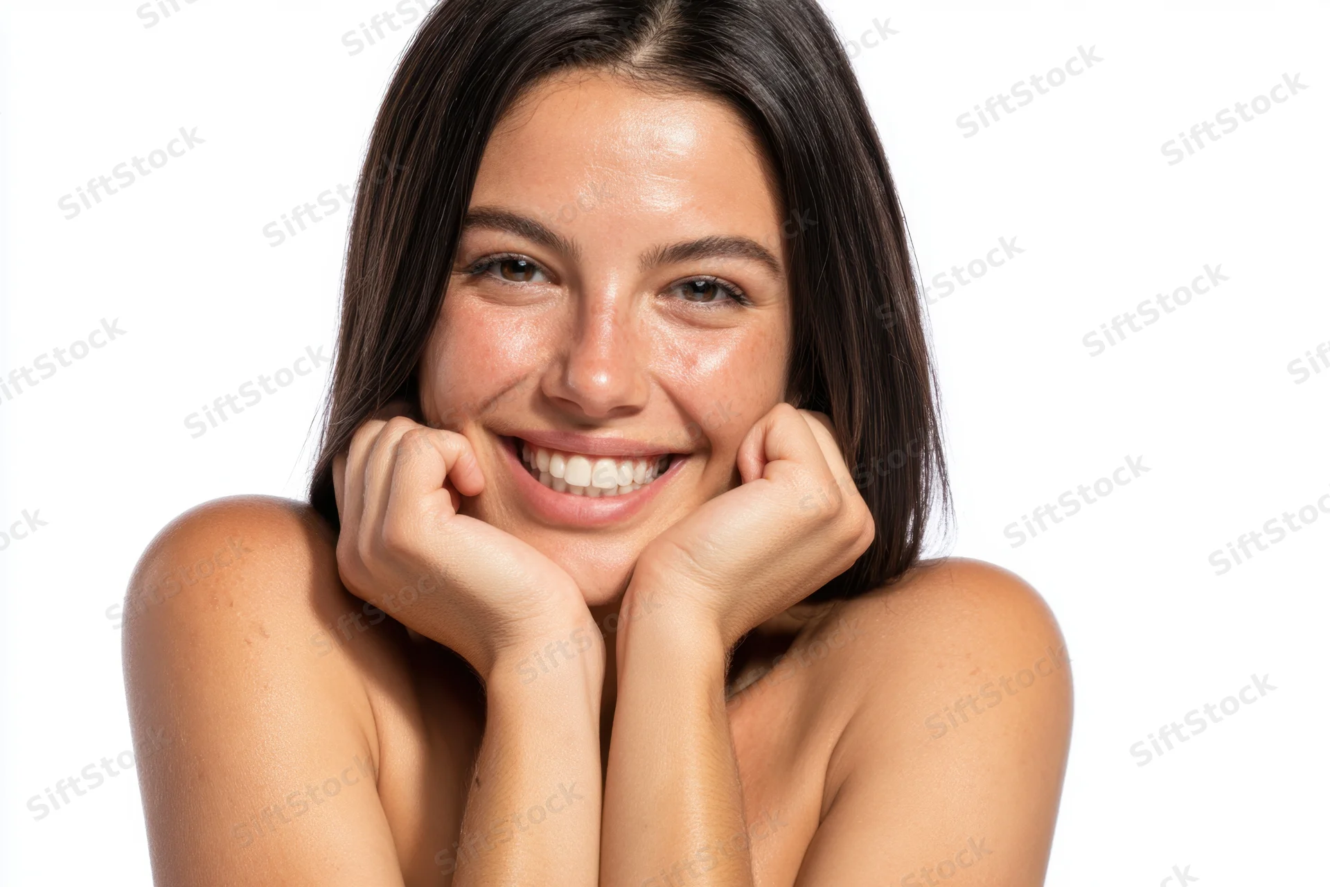 Woman smiling with hands under chin against white background