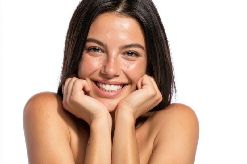 Woman smiling with hands under chin against white background