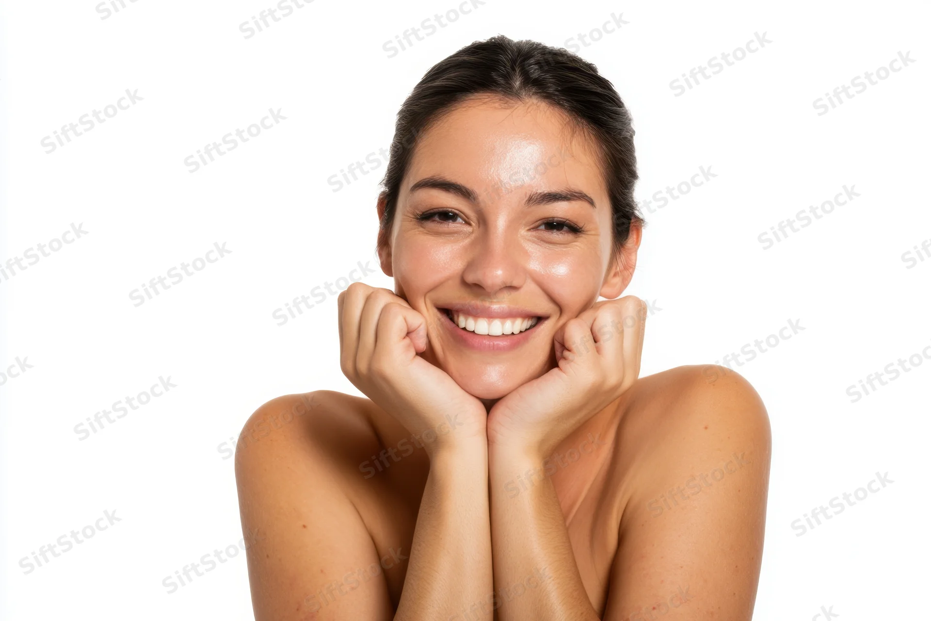 Woman smiling with hands under chin against white background