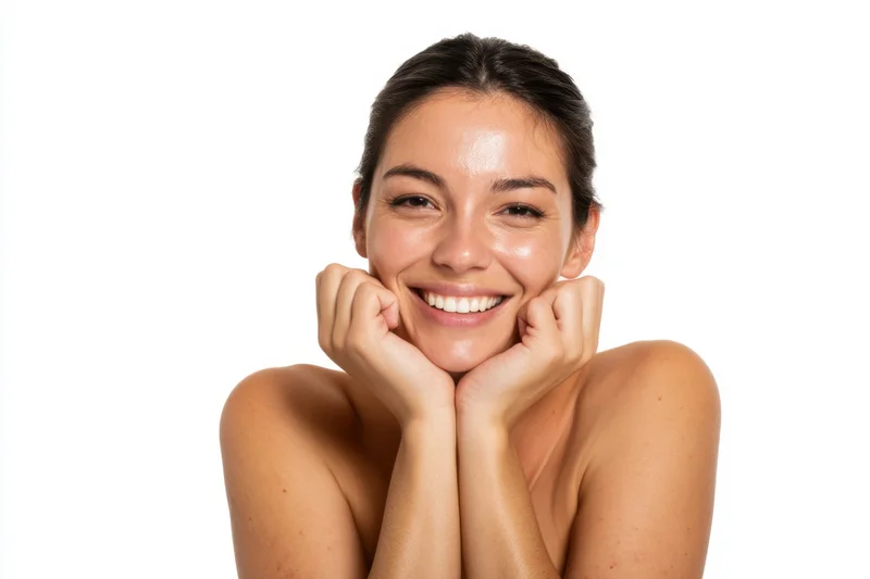 Woman smiling with hands under chin against white background