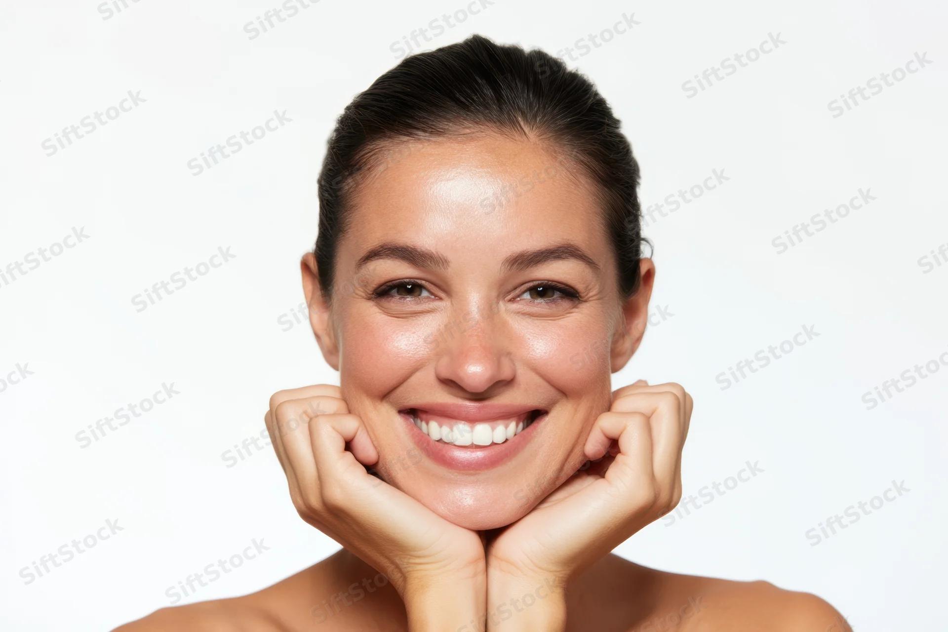 Woman smiling with hands under chin against white background