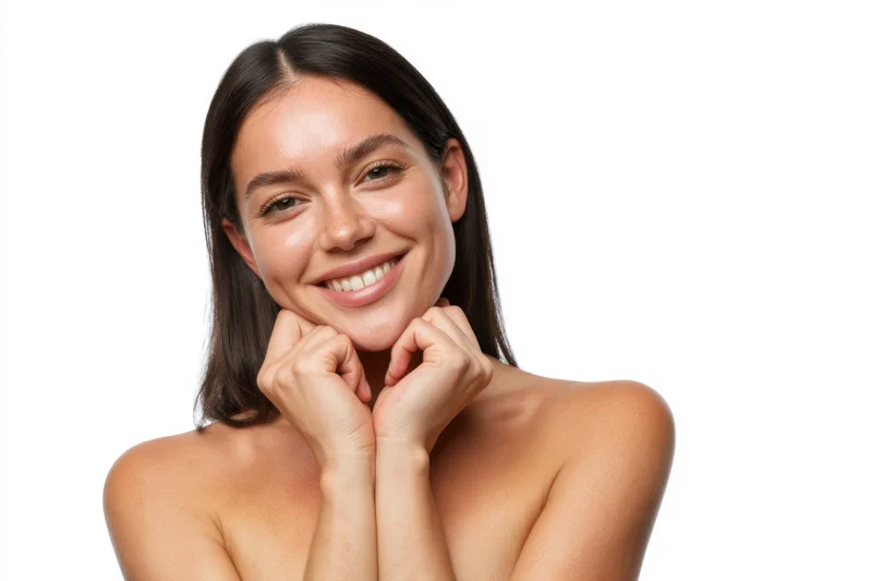 Smiling woman with smooth skin and dark hair posing with hands under chin against white background