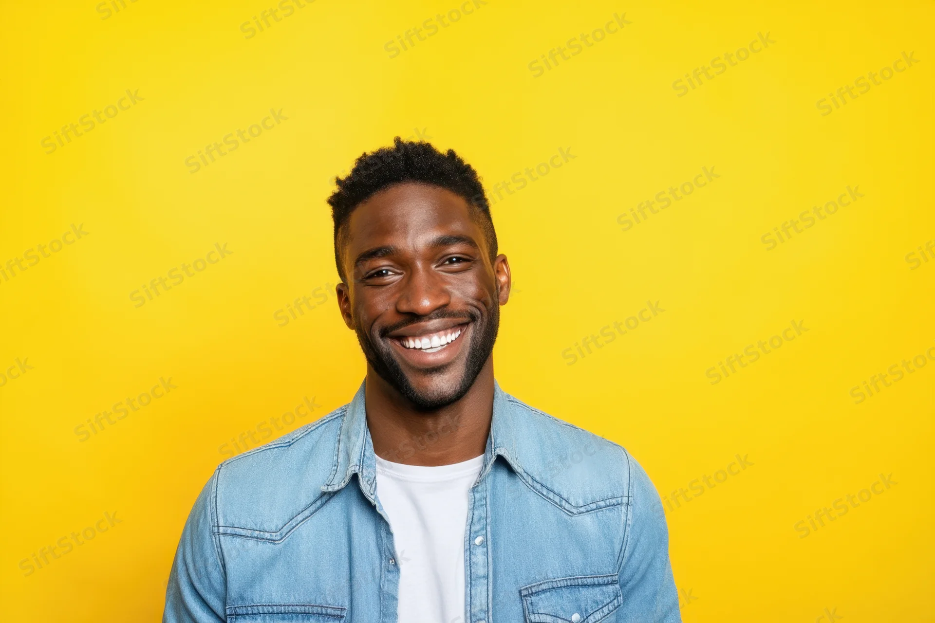 Young man smiling in denim jacket against yellow background