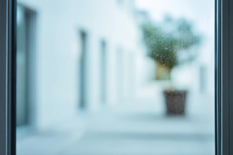 Close-up of a rain-streaked glass window looking into a blurred office corridor with a potted plant in the distance