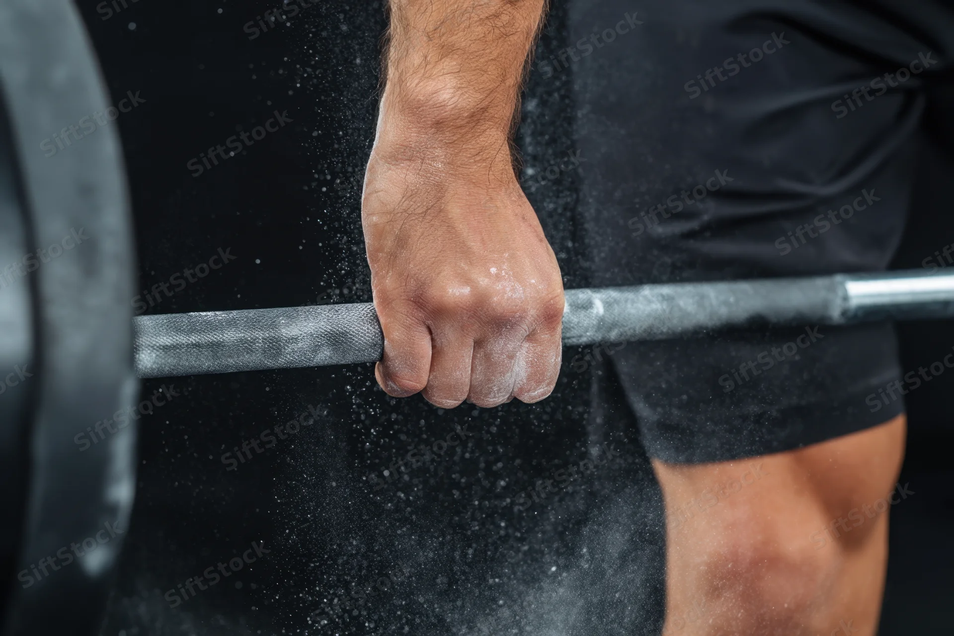 Close-up of a muscular man's hand gripping a barbell with chalk dust flying during a weightlifting workout in a gym