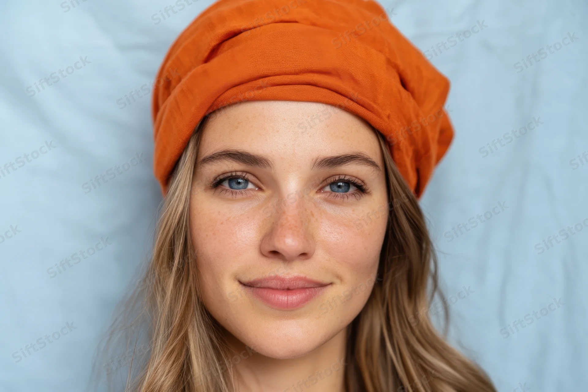 Close-up portrait of a smiling freckled woman with blue eyes wearing an orange headwrap against a light blue background