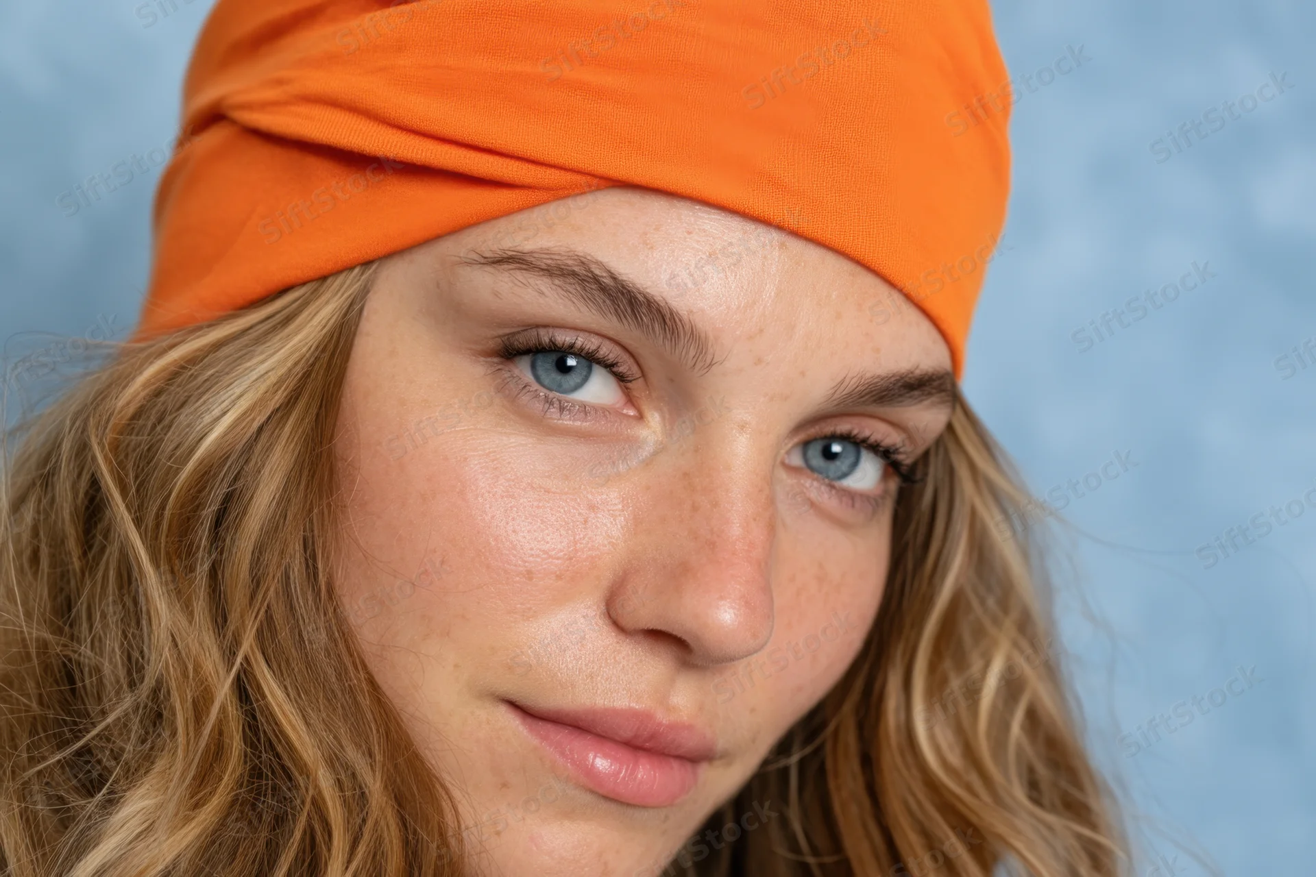 Close-up portrait of a freckled woman with blue eyes and blonde hair wearing an orange headband in a studio setting