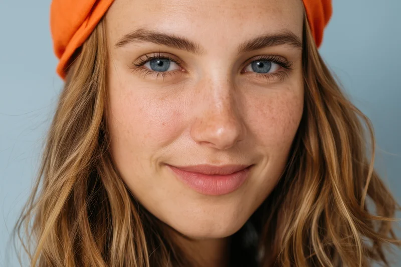 Close-up portrait of a smiling freckled woman with blue eyes and blonde hair wearing an orange headband