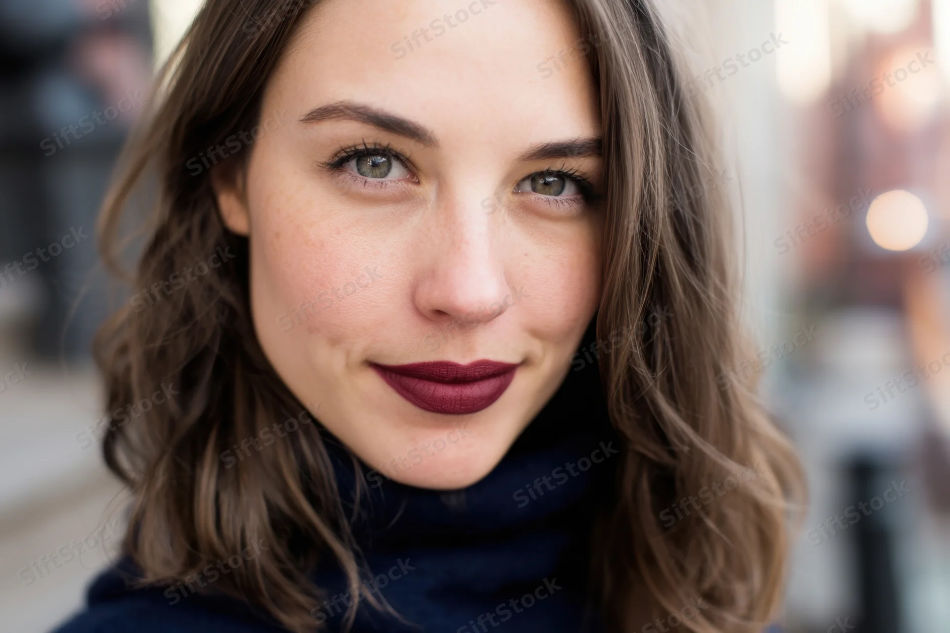 Close-up portrait of a smiling woman with brown hair and burgundy lipstick outdoors