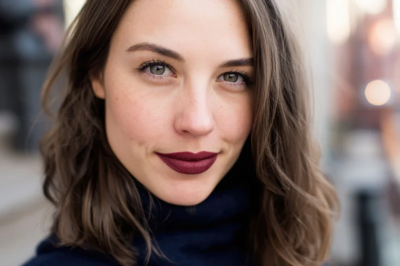 Close-up portrait of a smiling woman with brown hair and burgundy lipstick outdoors