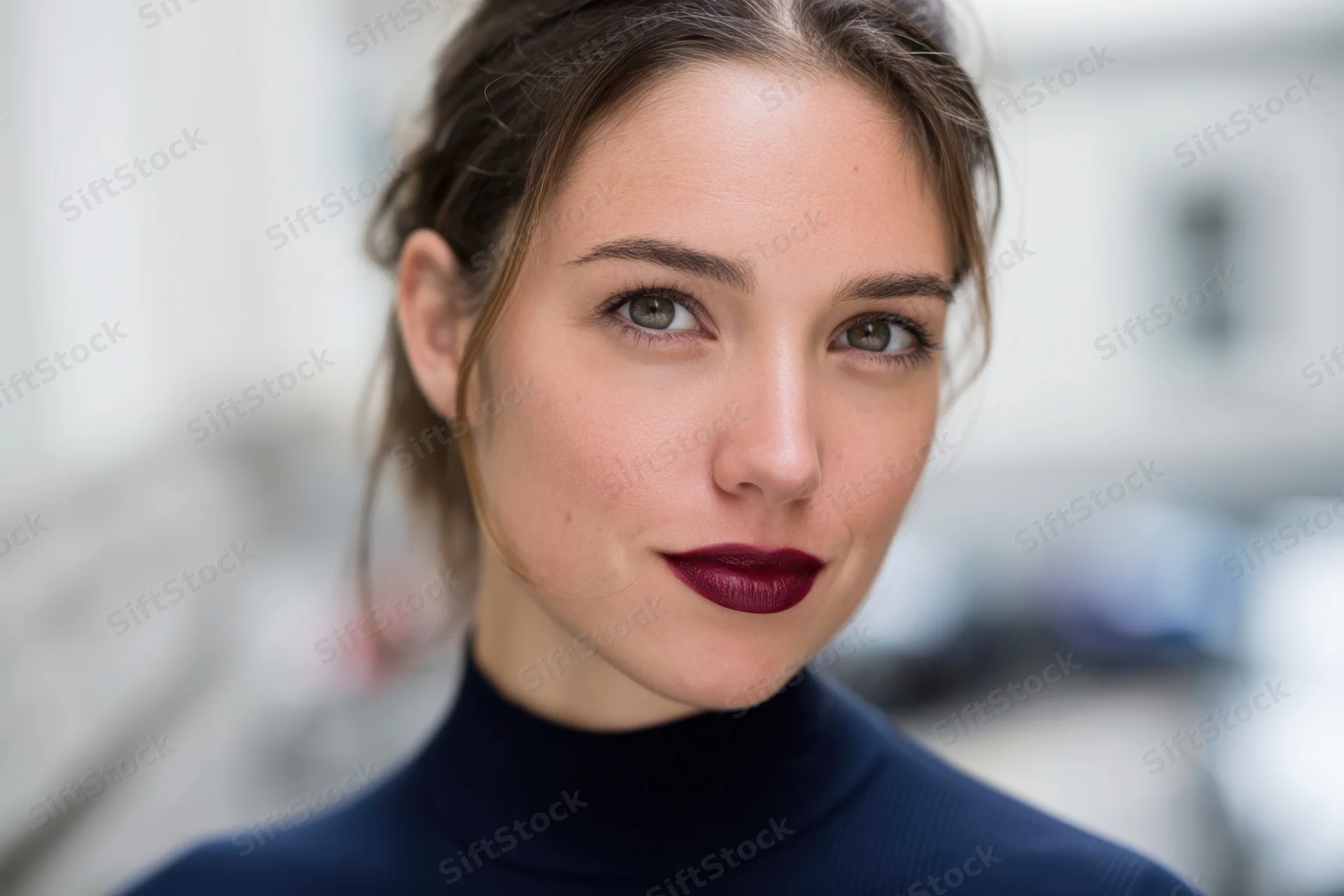 Close-up portrait of a woman with burgundy lipstick and green eyes wearing a navy turtleneck indoors