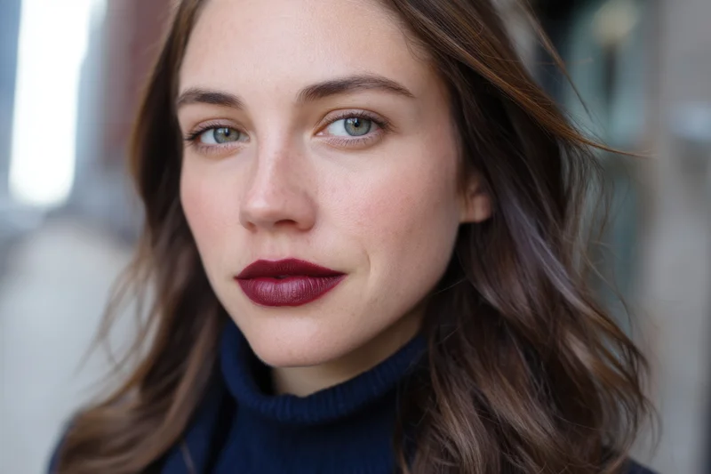 Close-up portrait of a woman with burgundy lipstick and wavy brown hair wearing a navy turtleneck sweater
