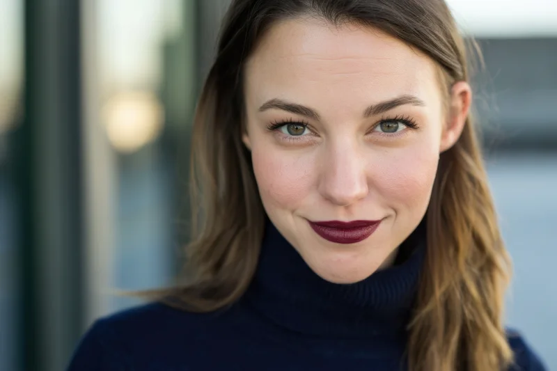 Close-up portrait of a smiling woman with burgundy lipstick and wavy brown hair wearing a navy turtleneck sweater outdoors