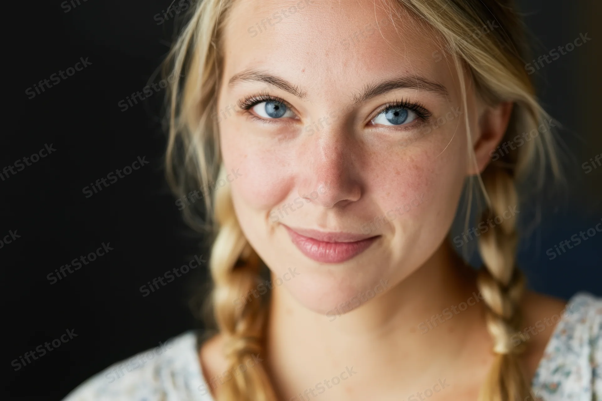 Young woman with blonde braids and blue eyes smiling in close-up portrait against dark background
