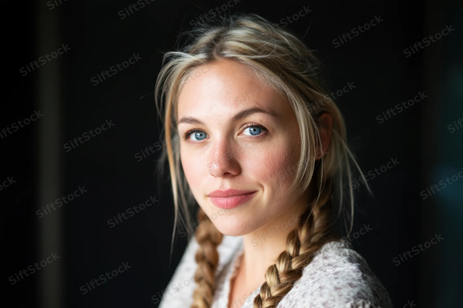 Young woman with blonde braided hair smiling softly in studio portrait