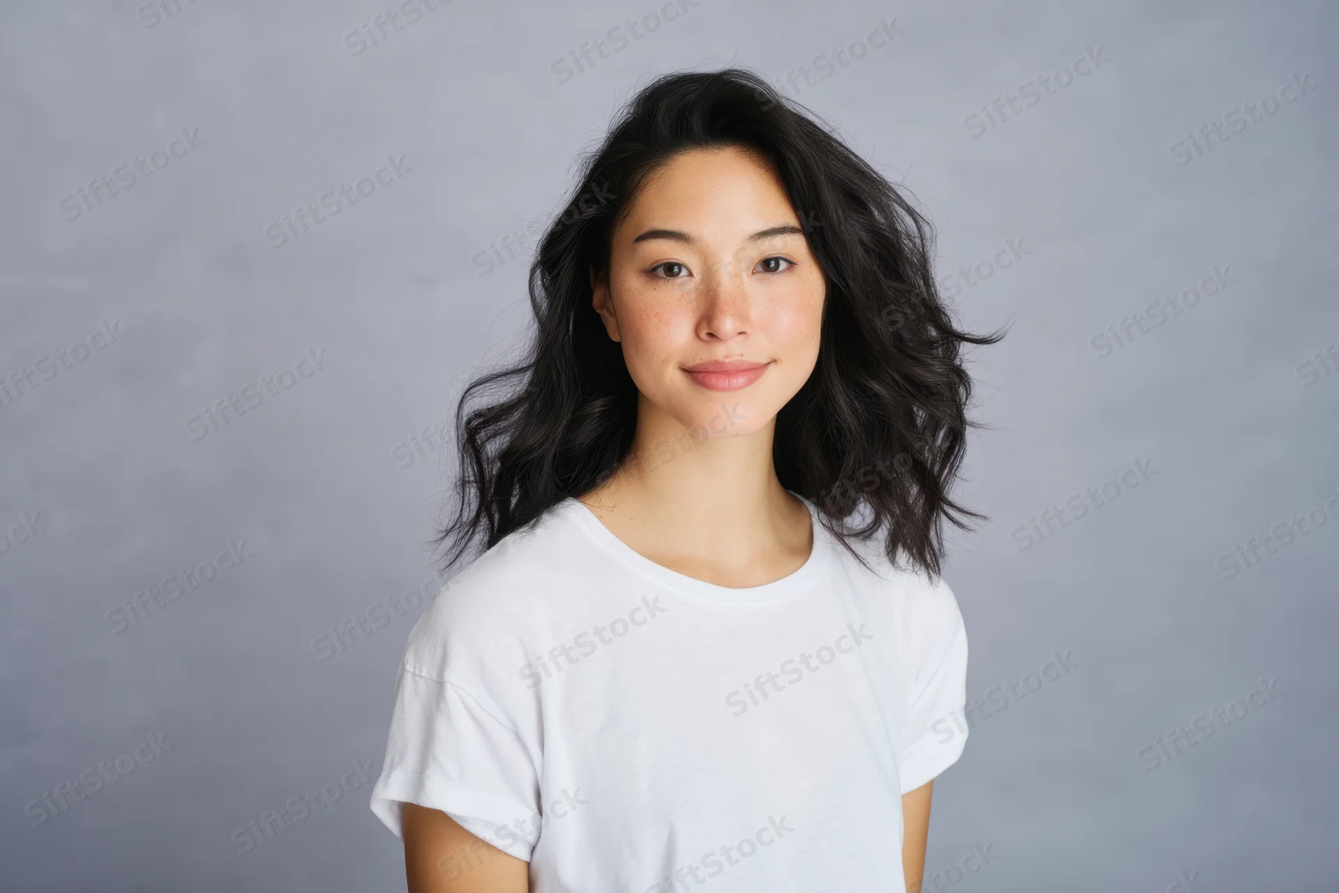 Young asian woman smiling in close-up portrait against grey studio background wearing white tshirt