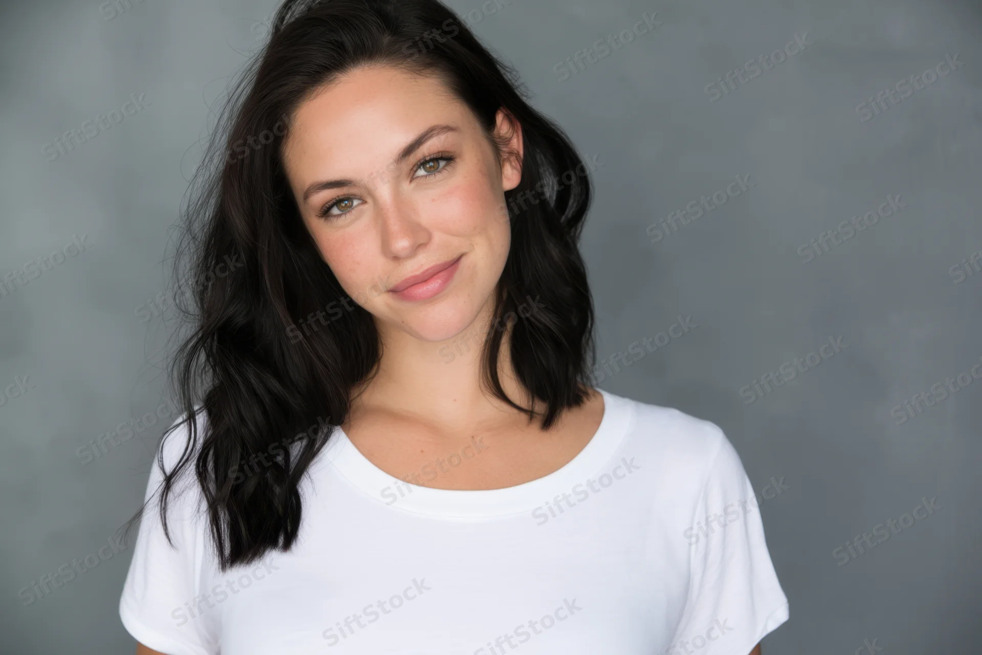 Young woman with dark wavy hair smiling softly in a white tshirt against a grey studio background