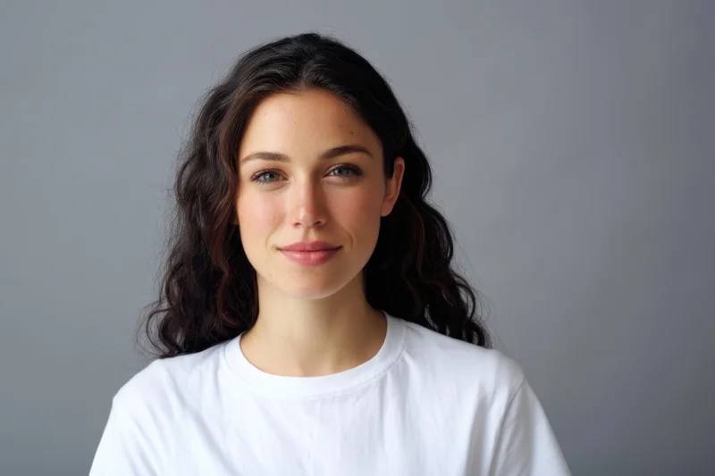 Young woman with dark wavy hair smiling in a white tshirt against a gray studio background