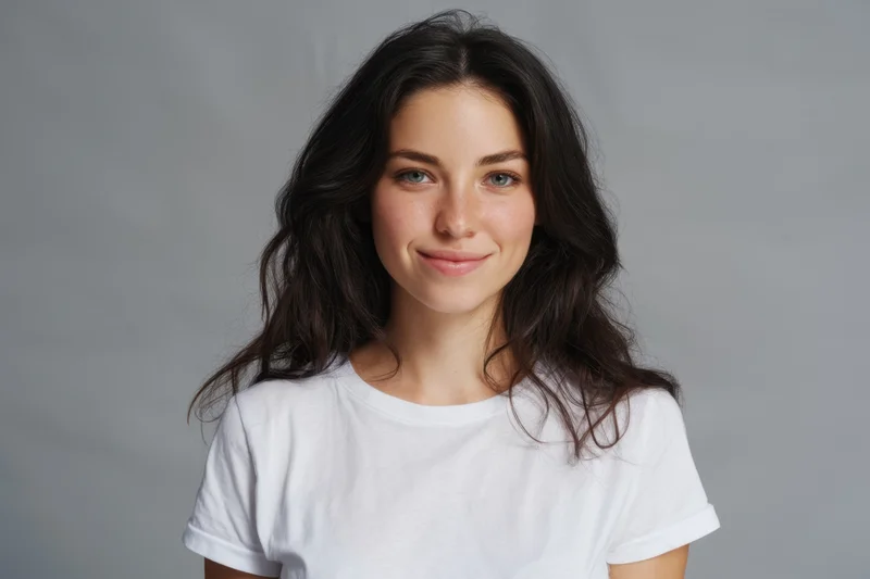 Young woman with dark wavy hair smiling in a white tshirt against a gray studio background